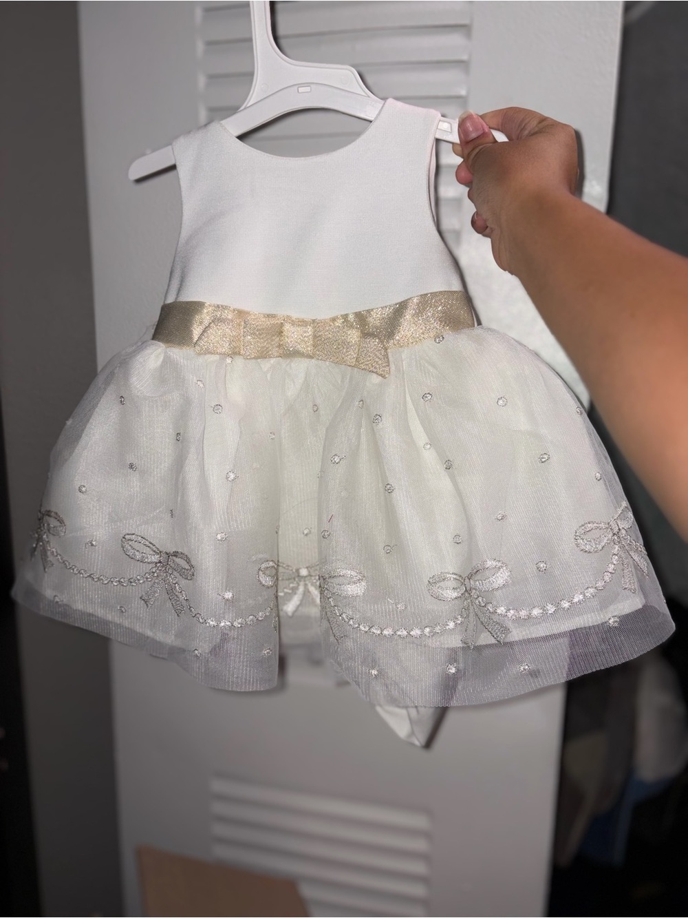 Girls White and Gold Tutu Dress with Bow Waist
